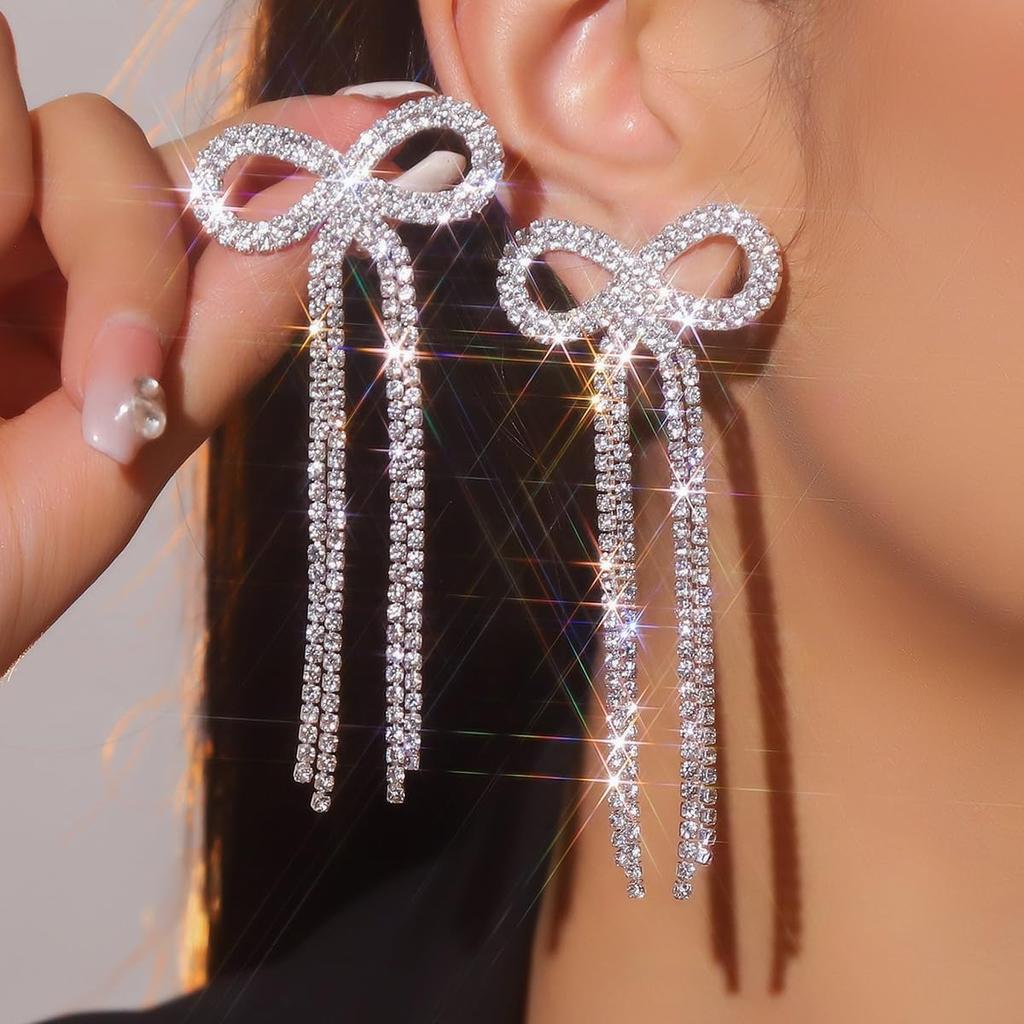Bow Earrings Silver Rhinestone Tassel Bow Stud Bridal Earrings for Women