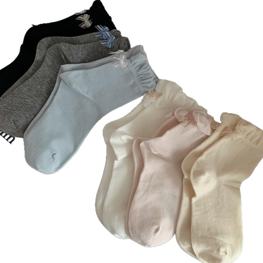 Embroidered Bowlace Ankle Socks for Children, Mid-length Stockings, Suitable for Spring and Summer, Made of Pure Cotton, Versatile for Ballet Style.