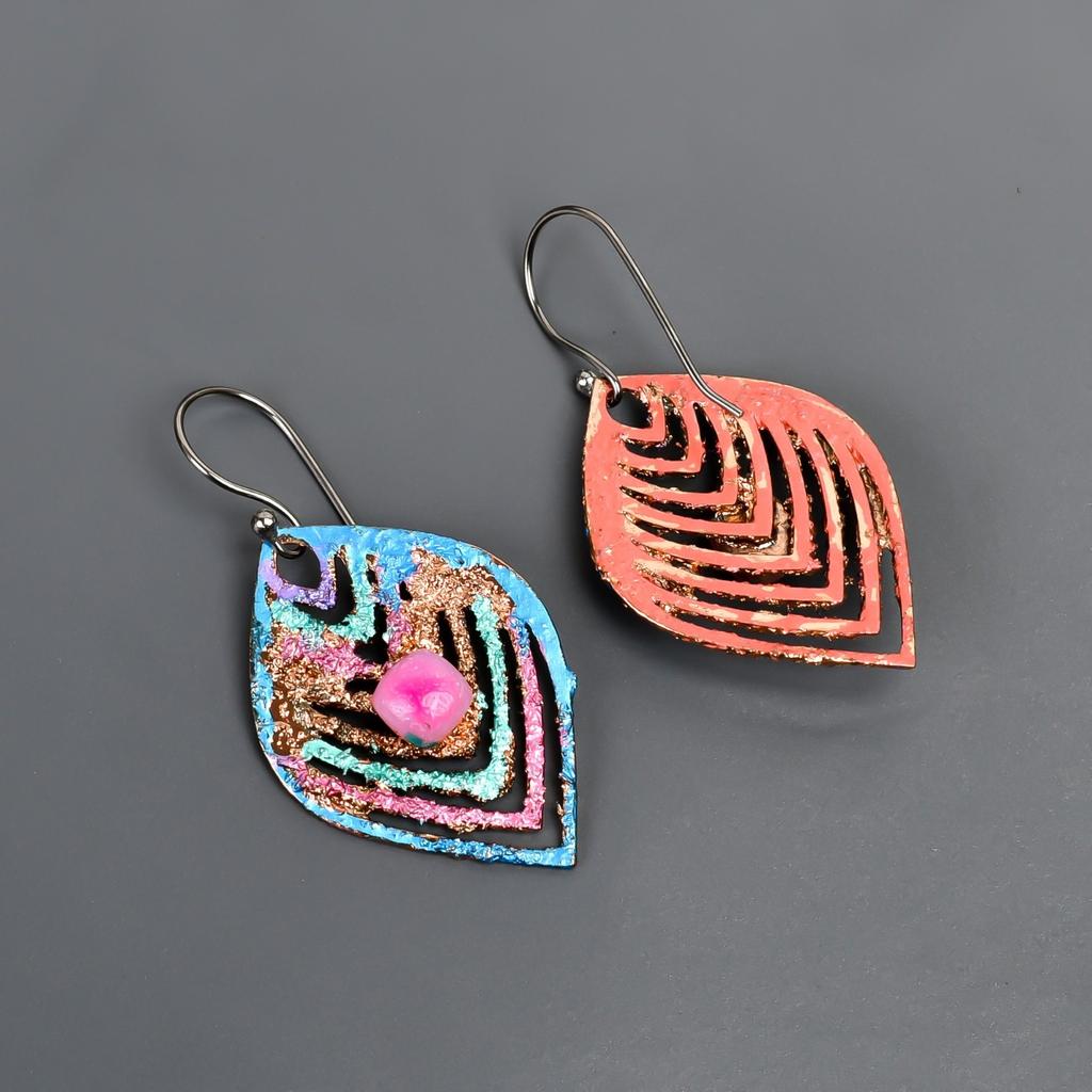 Natural Pink Sapphire Copper Multi Electroformed Art Deco Drop Dangle Earrings V-90