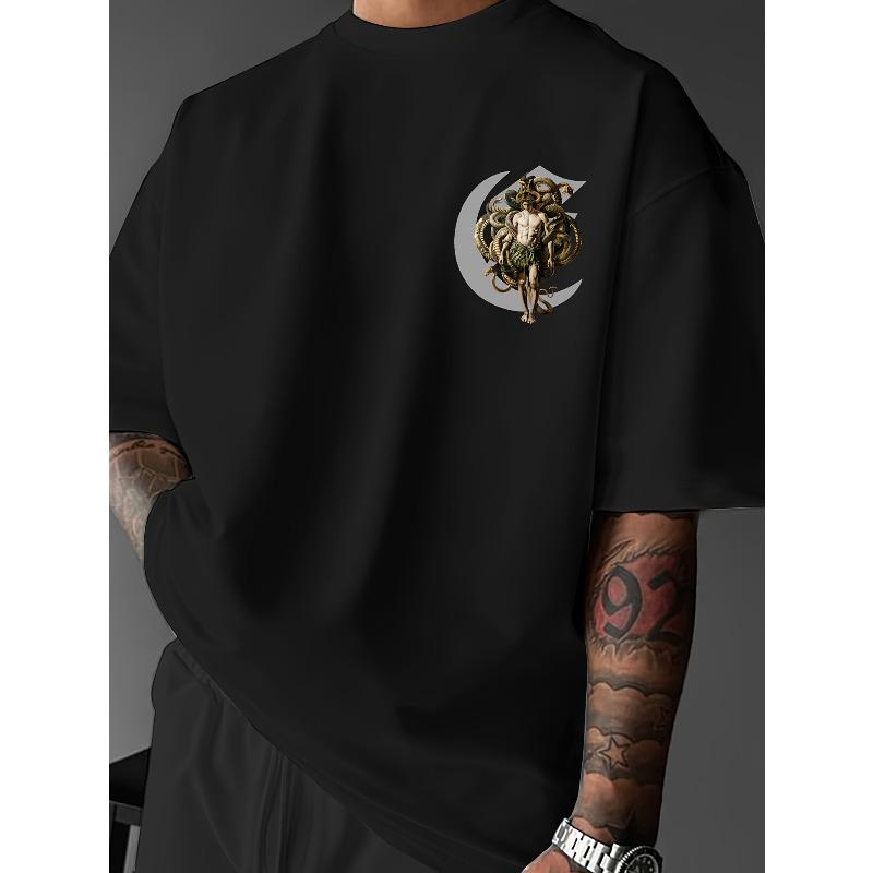 European sizes Men's Oversized Streetwear T-Shirt Compatible for with Abstract Face Print - Summer Loose Fit Round Neck Casual Tee