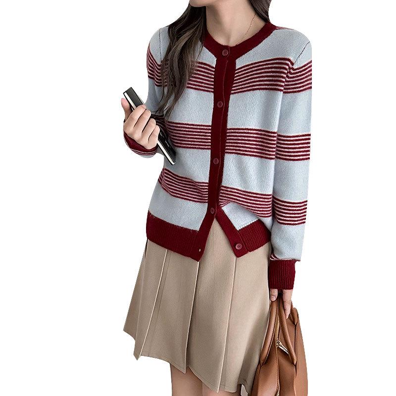 Autumn/Winter 2024 Women's 100% Wool Striped Cardigan - Round Neck, Loose Fit Sweater Coat
