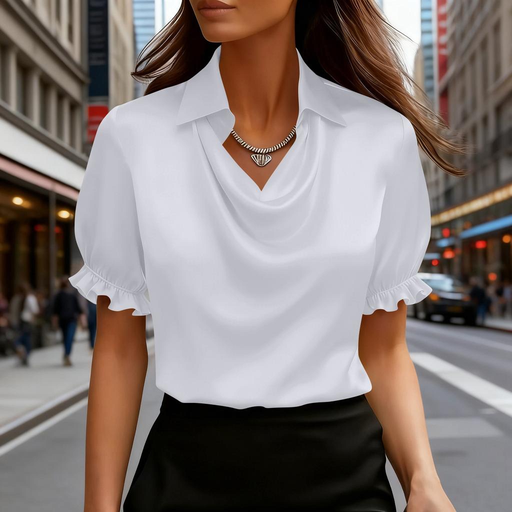 Women's Fashionable Lapel Short Sleeved Temperament Pullover Shirt Top