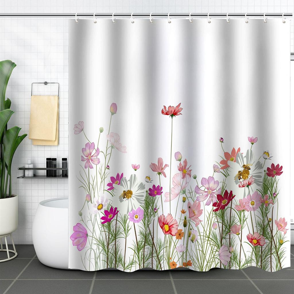 Green Plant Waterproof and Mildew-proof Polyester Bathroom Shower Curtain Shower Curtain Partition Curtain Free of Punching