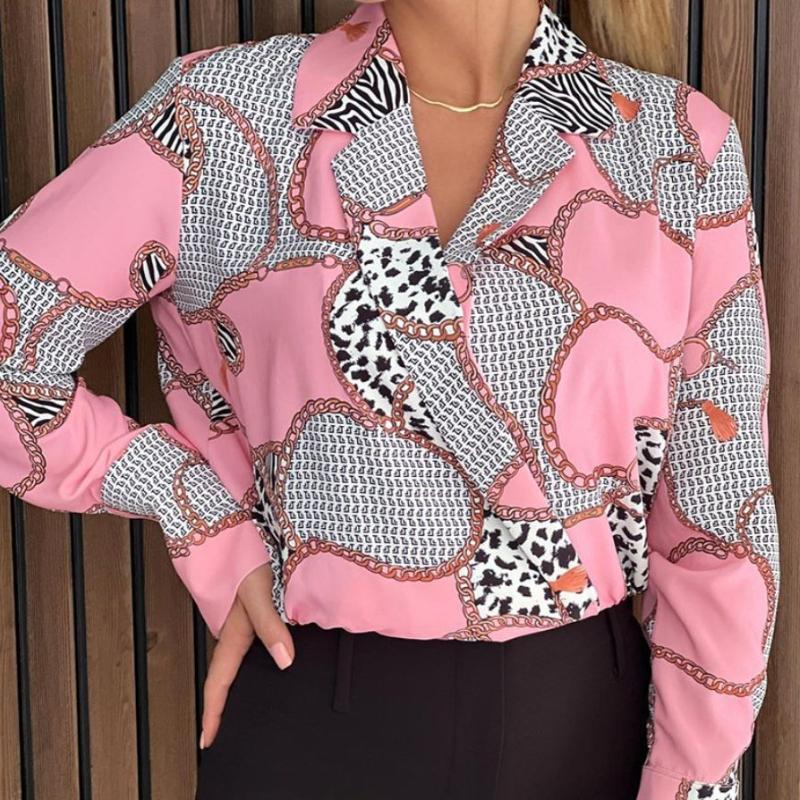 Women's Autumn Loose Long Sleeve V-Neck Pullover Printed Shirt Blouse