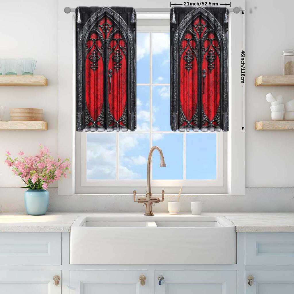 2 Panels Gothic Style Castle Windows Pattern Curtains - Heat-insulating   Suitable for Decorating Curtains in Various Rooms