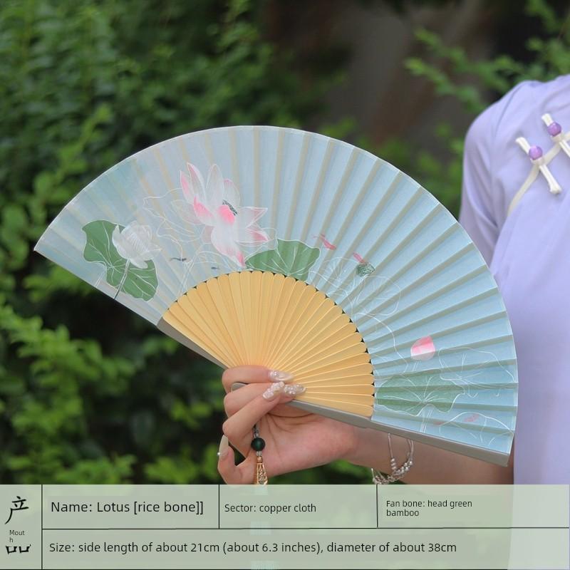 Vintage-Style Portable Green Folding Fan for Women, Suitable for Hanfu, Cheongsam, Classical Dance, and Summer Use