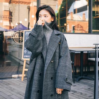 New Winter Korean Style Loose Knee-length Plaid Coat For Women Mid-length