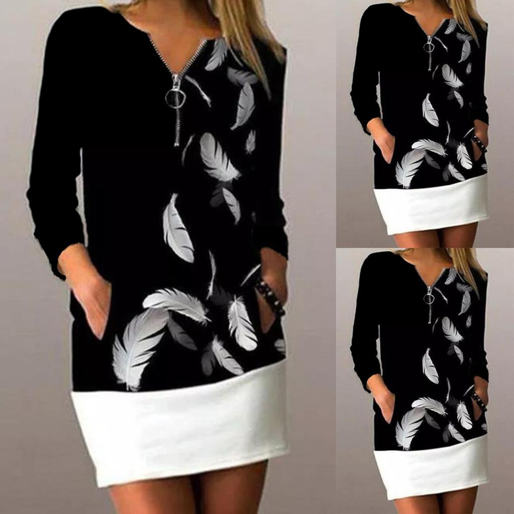 Fashion Womens Prints Zipper Splicing V-Neck  Long Sleeve Comfy Casual Dress
