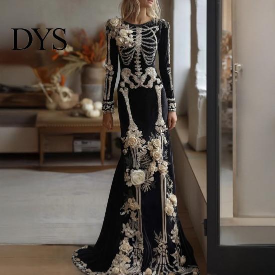 Floor Length Dress Women Skeleton Print Maxi Dress, Gothic Long Sleeve with Evening 3D Flower Decor, Velvet Floral for Halloween Costume Party