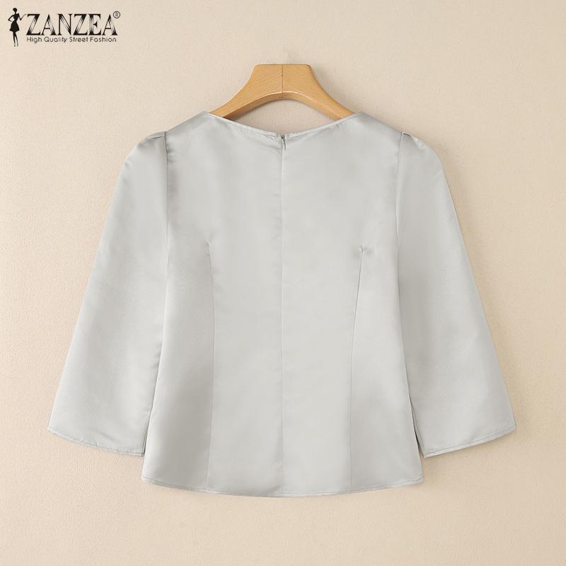 ZANZEA Women Casual Round Neck 3/4 Sleeve Elegant Plain Blouse