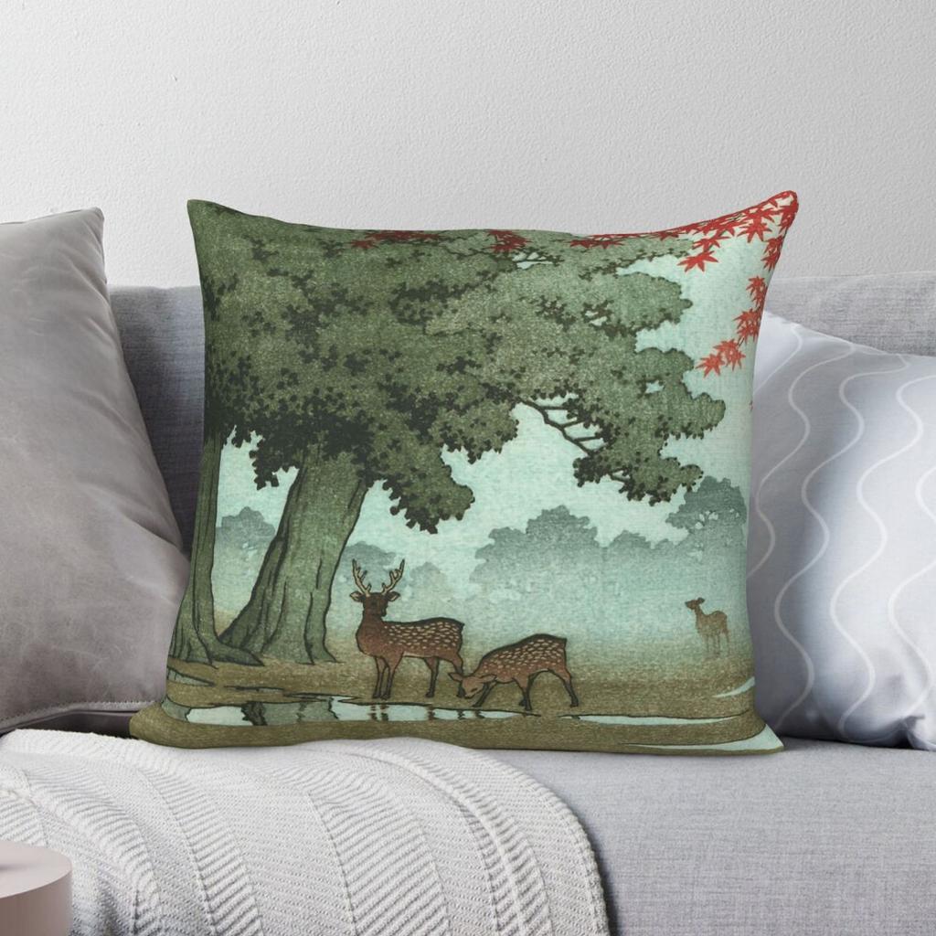 Deer Of Nara Park Kawase Hasui Square Pillowcase Polyester Linen Velvet Printed Zip Decorative Sofa Cushion Cover