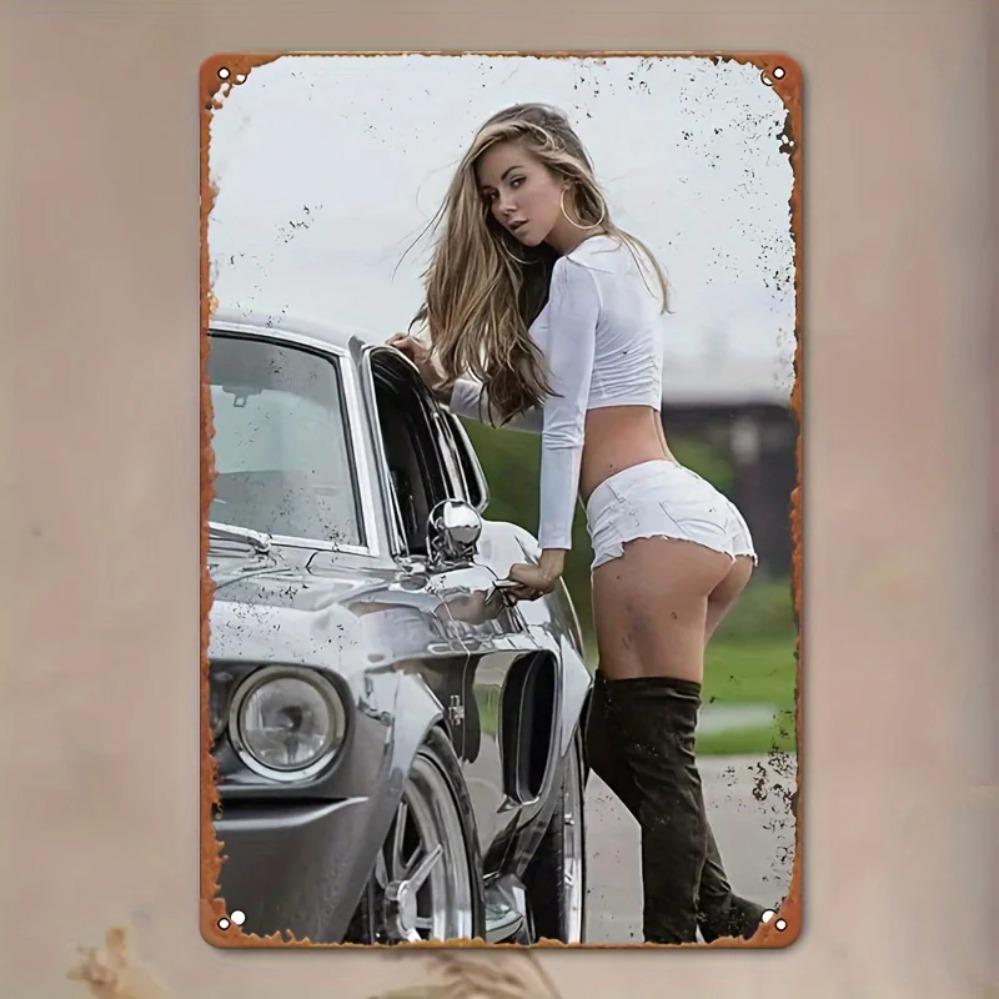 Blechschild 20x30 cm Retro Auto Dame Metall Wandkunst Aluminium Dekor