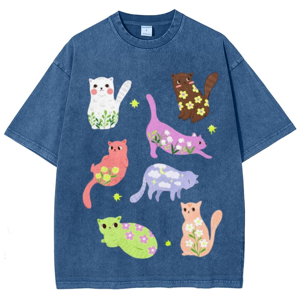 Cartoon Animal Print Women Distressed T-Shirt Oversized Vintage Distressed Short Sleeve Unisex Wash Cute Top