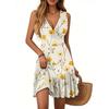Women's Summer Dress V Neck Sleeveless Casual Floral Print Hem Pleated Dress