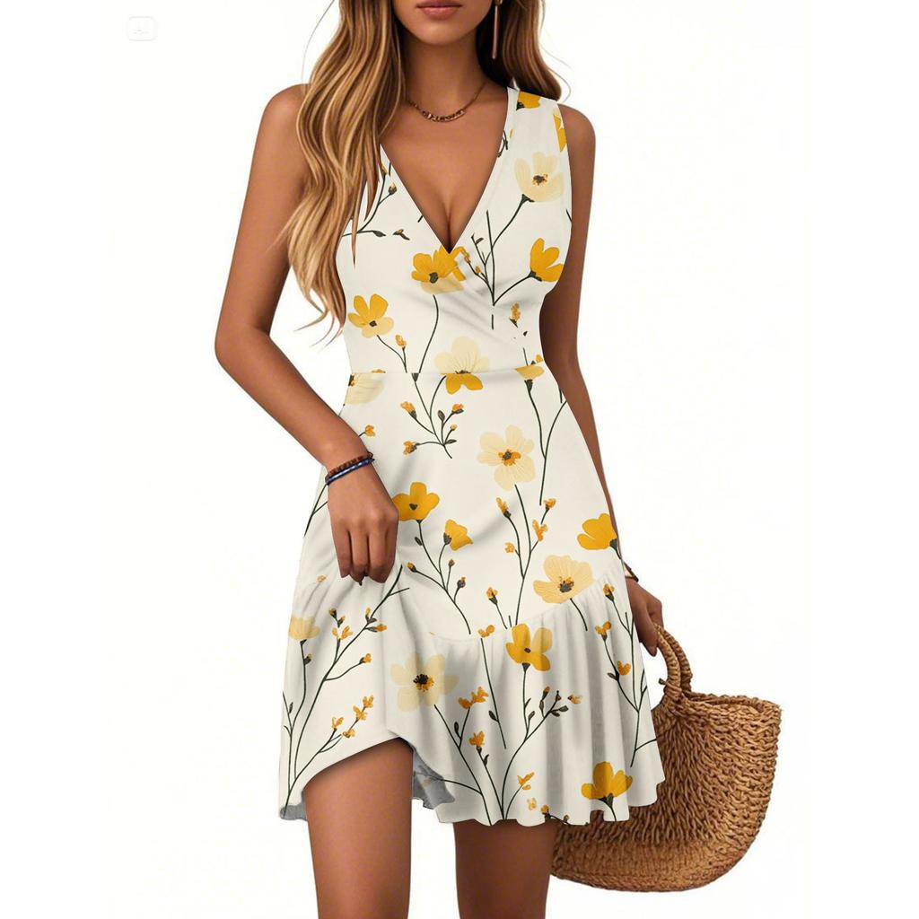 Women's Summer Dress V Neck Sleeveless Casual Floral Print Hem Pleated Dress