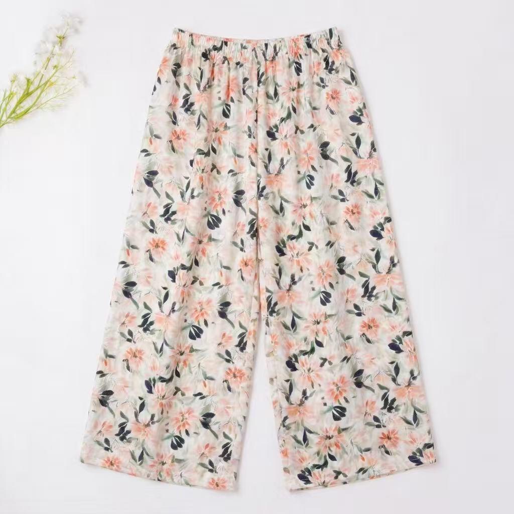 Women's Cotton Silk Cropped Pajama Pants, Summer Thin Loose Pastoral Style, Ditsy Floral, Wear Indoors or Out.