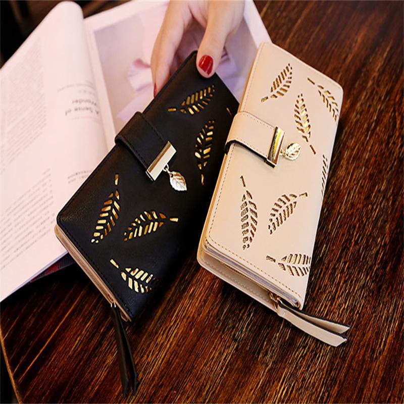 Women's Wallet PU Hollow Leaf Zipper Long Handbag  Fashion Multifunctional  Money Bag Coin Purse