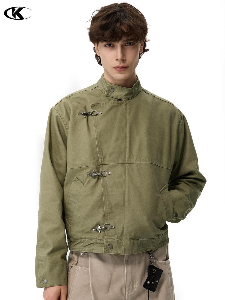 11KN Unisex Retro Distressed Workwear Jacket with Airplane Buckle and Wide Lapel