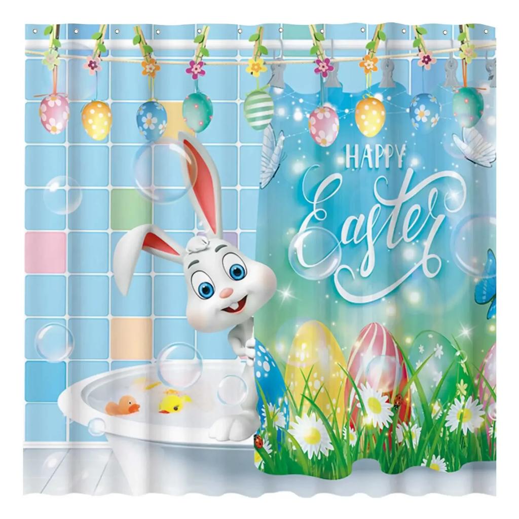 Happy Easter Bunny Shower Curtain Funny Rabbits Pink and Blue Eggs Bath Curtain Polyester Fabric Waterproof Bathroom Curtain Set