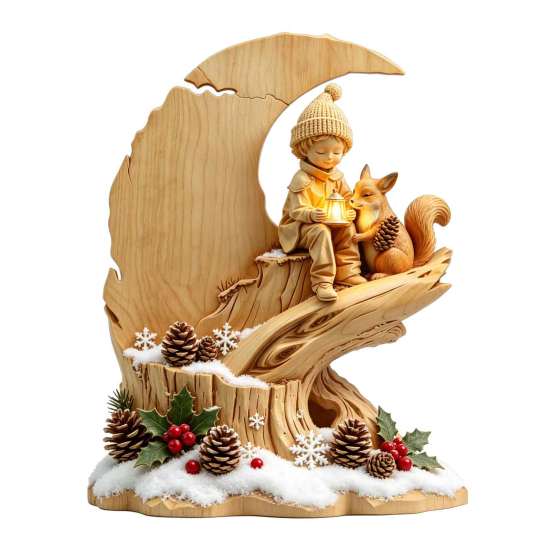 Warm Atmosphere Ornaments Fairy Tale Little Boy and Fox Wooden Figurine, Rustic Desktop Statue, Artistic Carved Decorative Tabletop Figurines