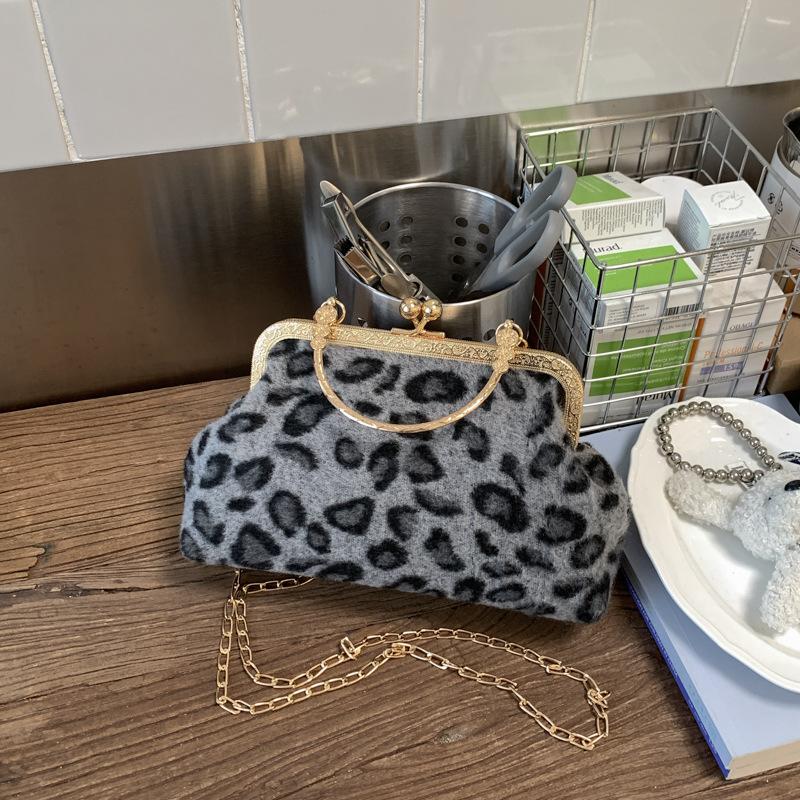 Today's Popular Mouth Gold Bag Autumn and Winter New Chain Bag Niche Leopard Print Handbag Women's Shoulder Messenger Bag