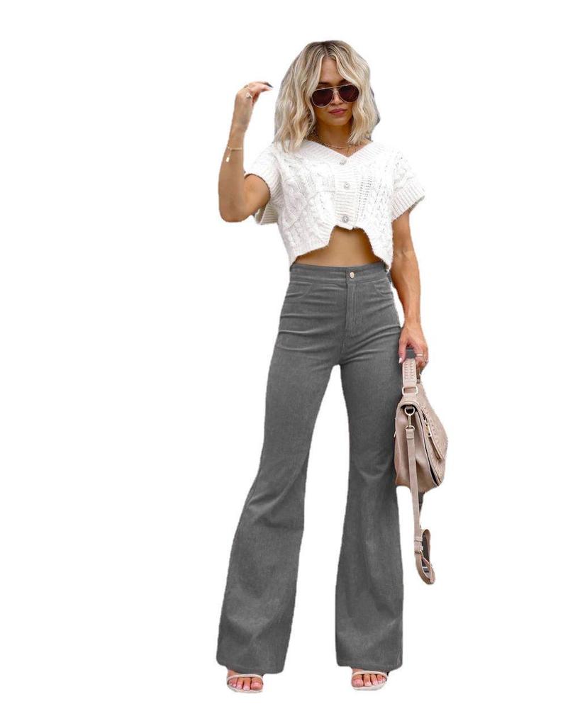 2025 Winter Women's High Waist Flare Corduroy Pants - Solid Color, Elegant and Casual Style