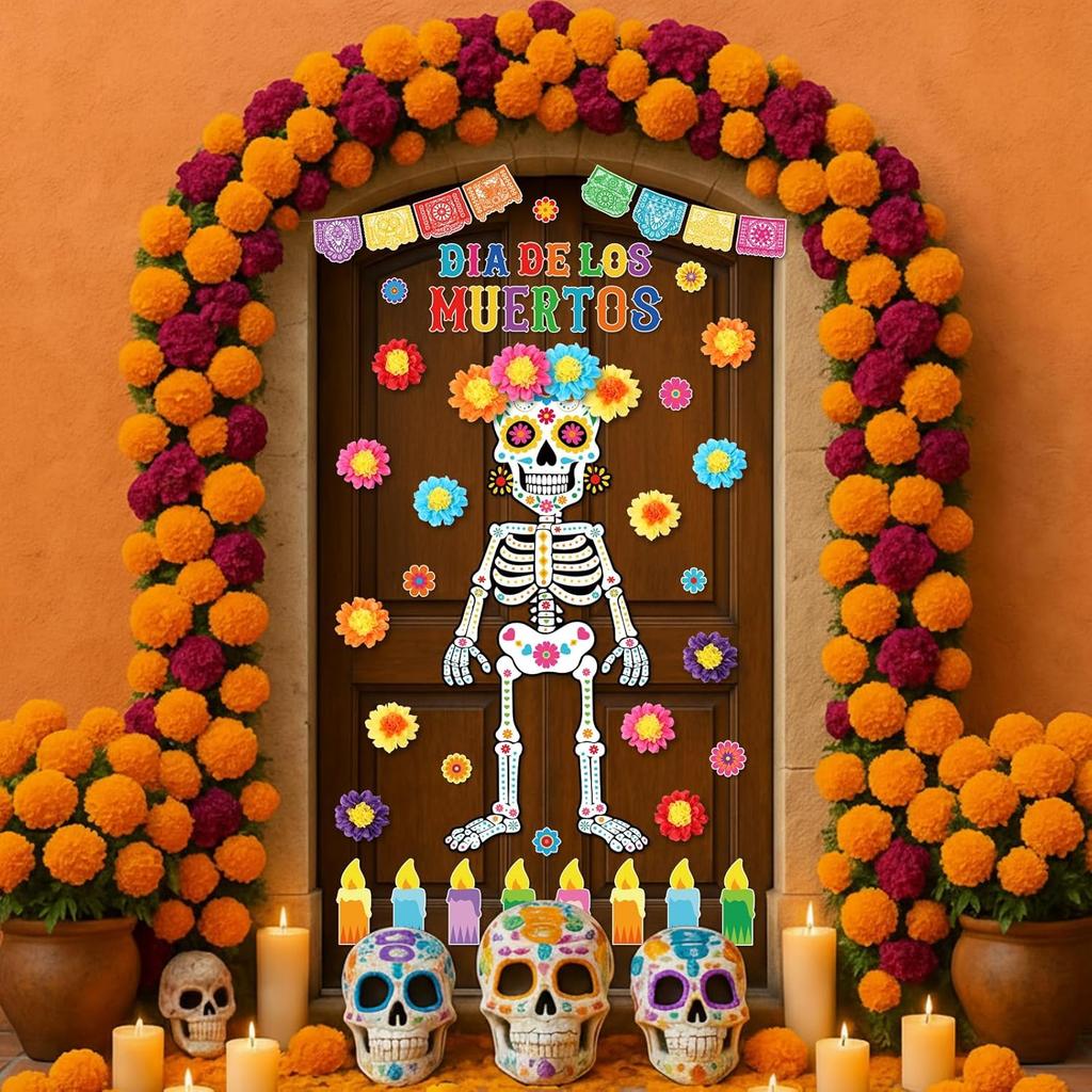 Pasimy Day of The Dead Bulletin Board Set Colorful Sugar Skull Classroom Decorations Mexican Dia De Los Muertos Cutouts with 3D Paper Flowers for