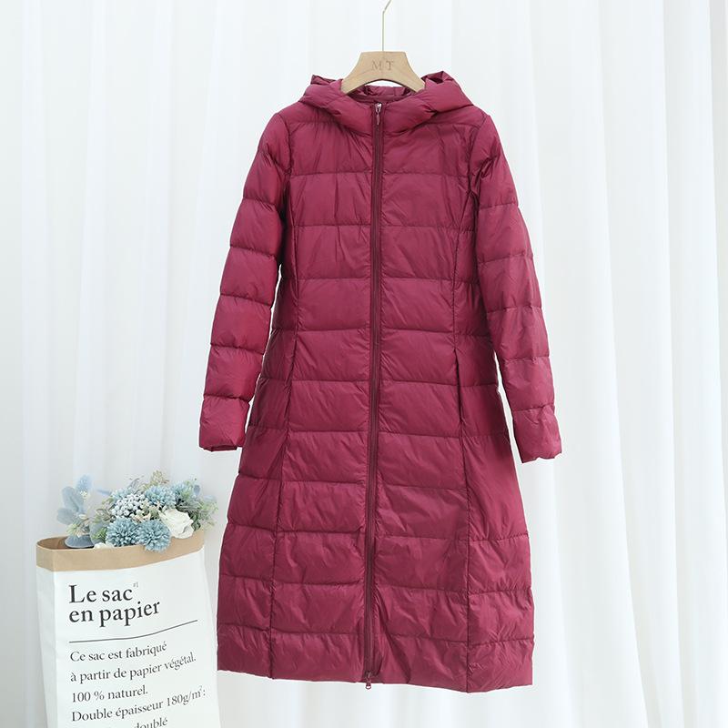 2025 Autumn and Winter New Light Down Jacket Women's Medium and Long Long Over Knee Lengthened Hooded Slim-fitting Thin Jacket Korean Version