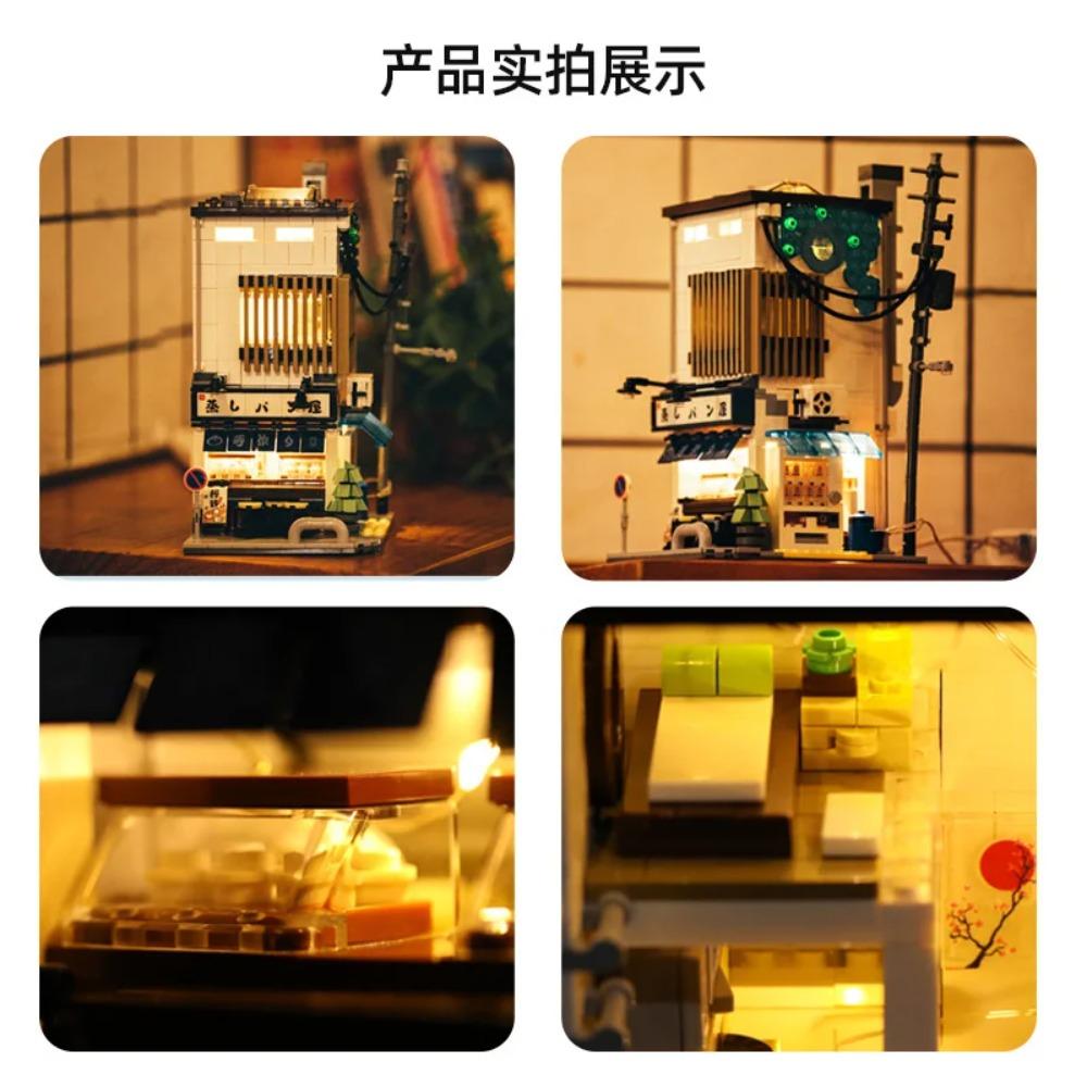 Cada Japanese Sushi HouseBricks Shop LED Japanese Steamed Bun House Building Blocks Summer Cafe Cada Toy Street View Series Set