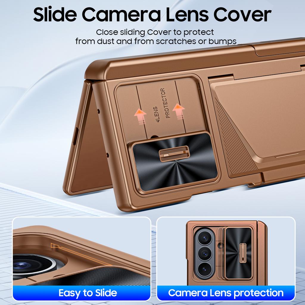 for Samsung Galaxy Z Fold 7 With Card Holder RFID Blocking,Built in Slide Lens Cover & Hinge Protection&Kickstand & Screen Protector,Wallet Case-Gold