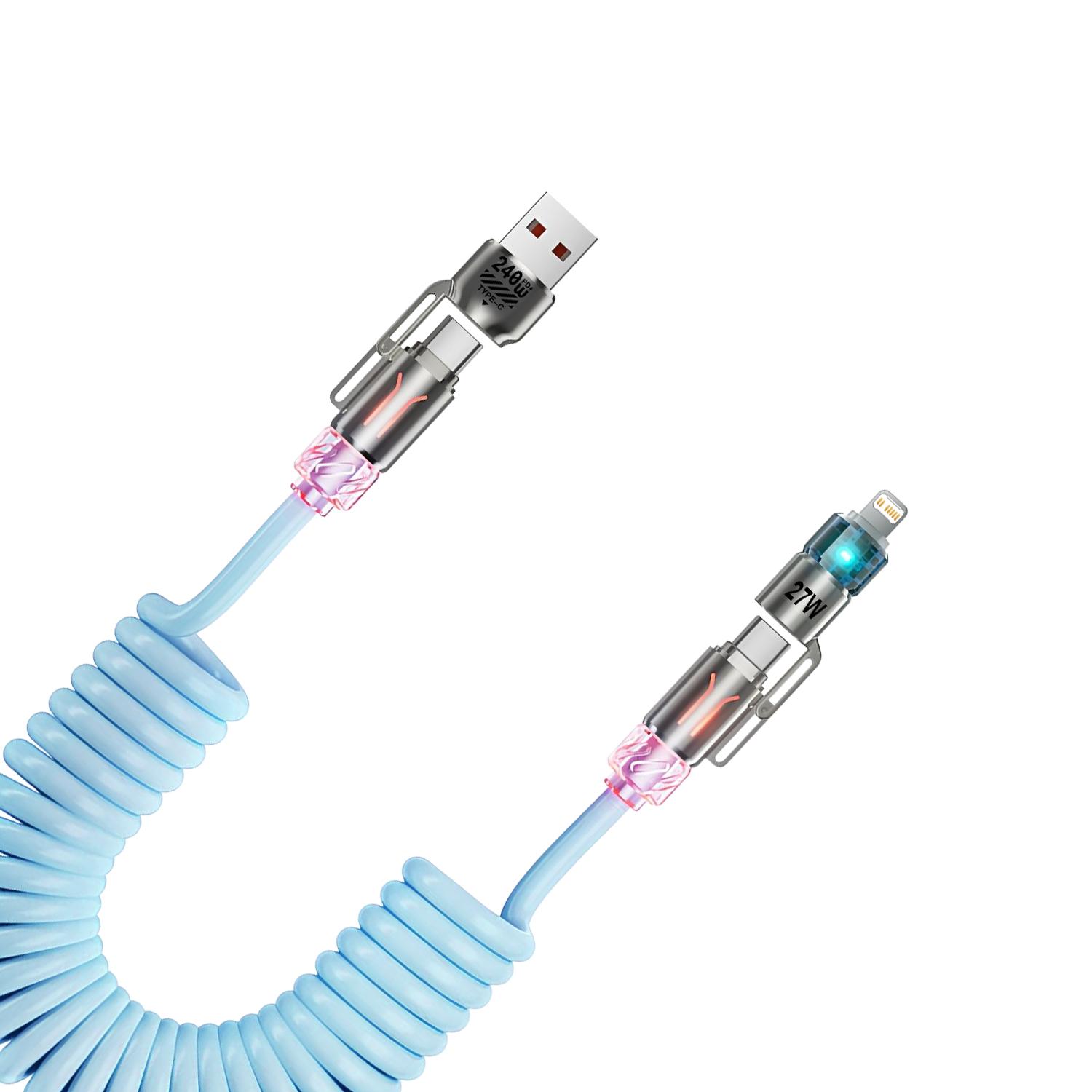 

4 в 1 PD 240 Вт Быстрая зарядка Пружинный кабель USB Type C на Type C L и Кабель для передачи данных Для iPhone 15 16 Samsung Xiaomi синий