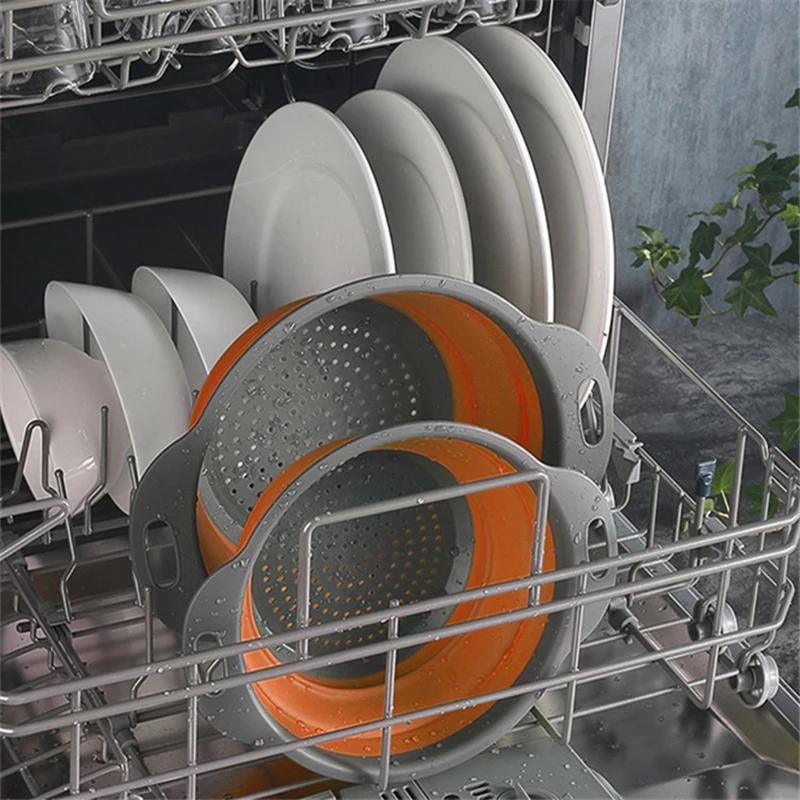 2pcs Silicone Round Folding Vegetable Fruits Washing Drain Basket Colander Strainer Collapsible Drainer Kitchen Tool Cocina