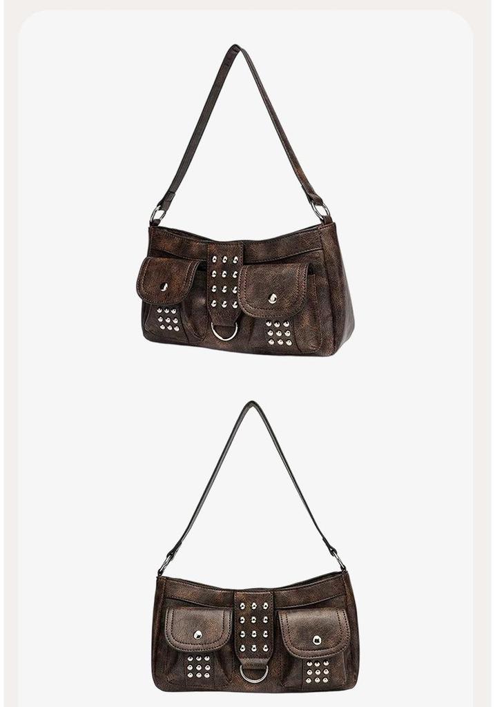 Retro Brown Studded Punk Shoulder Bag: Double Pocket Baguette for the Bold and Stylish