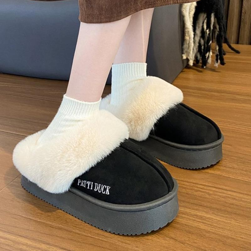 Fashion 2024 Winter Platform Plush Slippers for Women Warm Fluffy Faux Fur Snow Boots Woman Non Slip Sole Cotton Padded Shoes Mujer