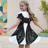 Girls Round Neck Flutter Sleeve Black Tree Floral Printed A Line Flared Dress