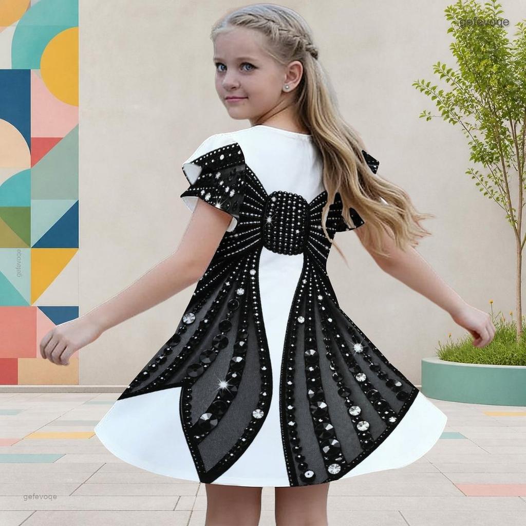 Girls Round Neck Flutter Sleeve Black Tree Floral Printed A Line Flared Dress