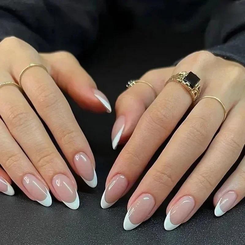 24Pcs Red Almond False Nails Pure Grey French Tips With Glue Glitter Detachable Press On Nails Art