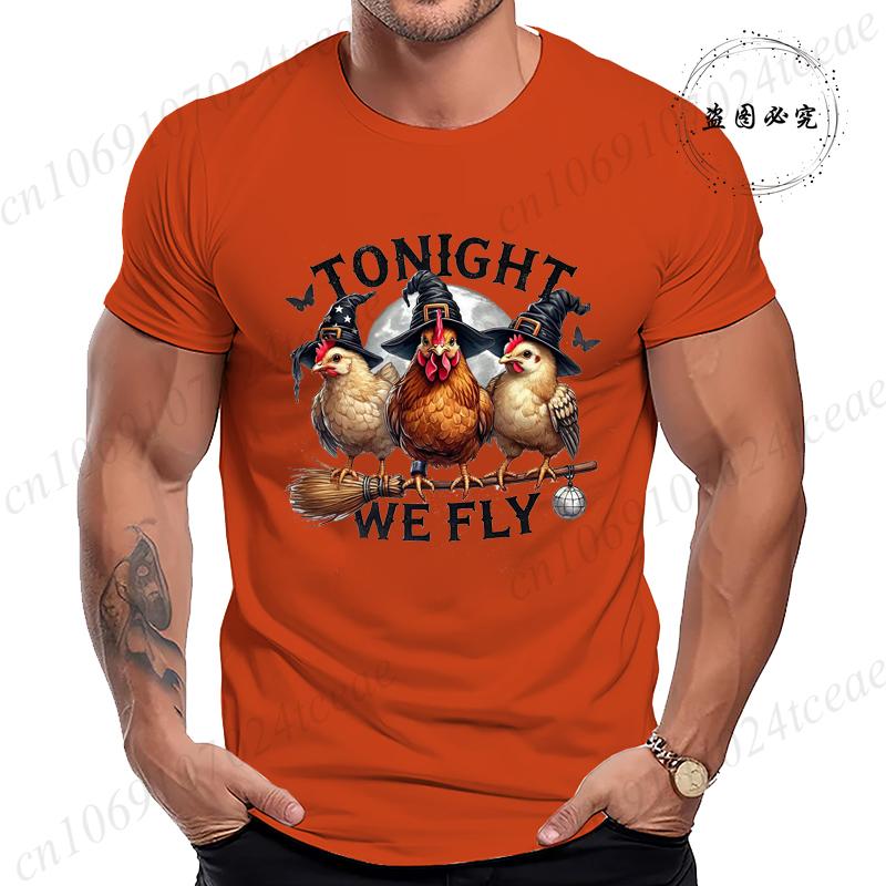 Halloween Tonight We Fly TShirt for Women Men Chicken Witches Hat Funny Casual TShirt Spooky Witch Men TShirts Clothing Tops