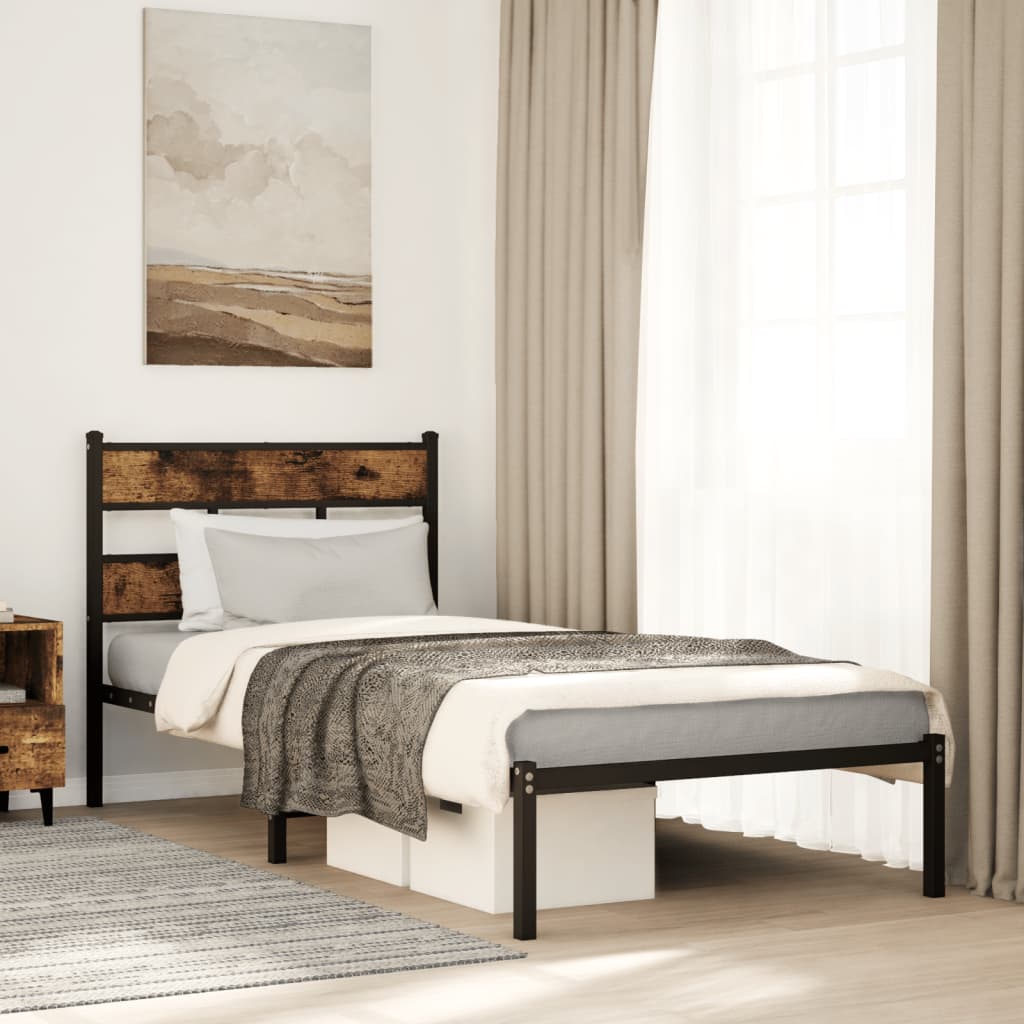 Metal Bed Frame Without Mattress Smoked Oak Finish 80 X 200 Cm