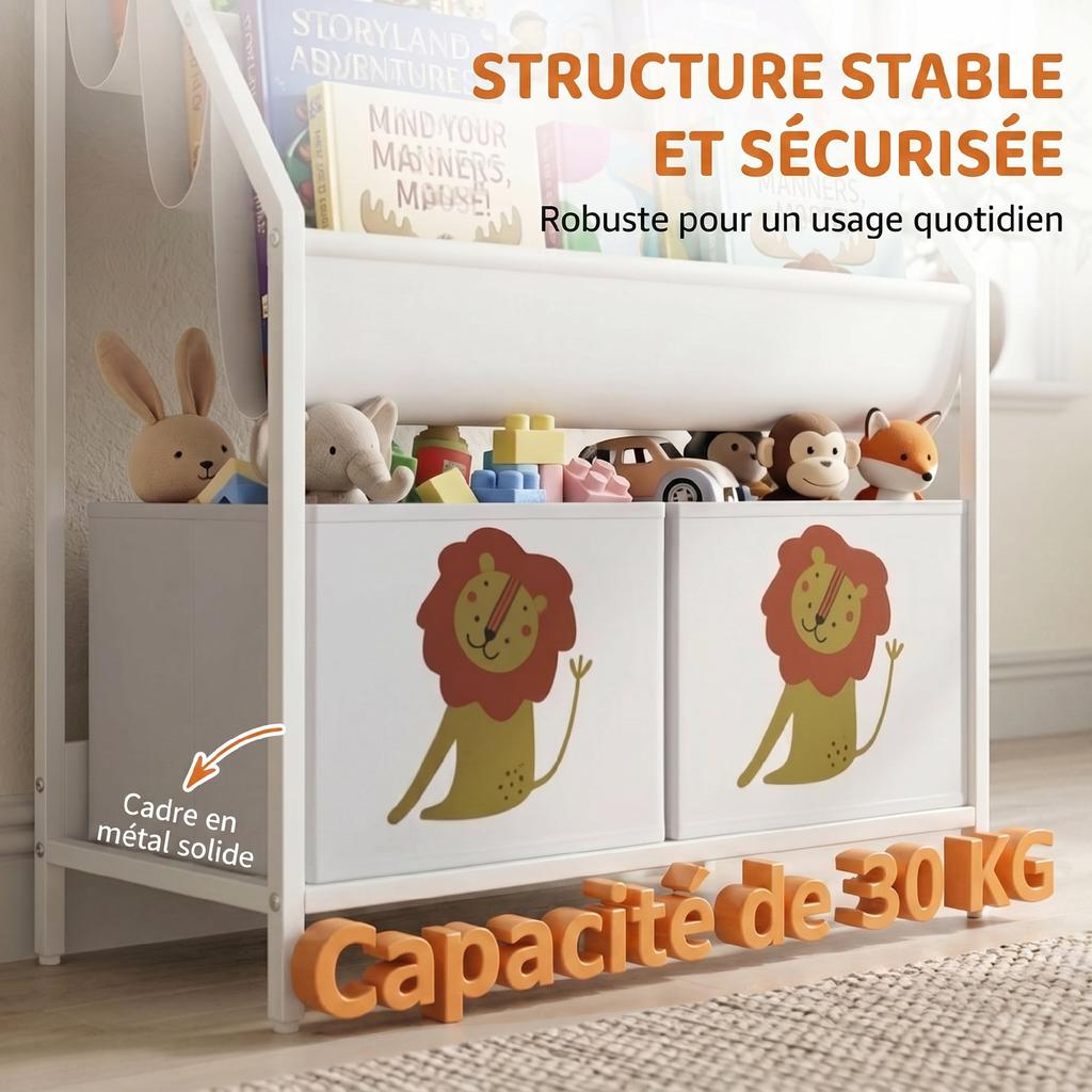 4-Tier Children's Bookshelf, Kids Bookcase with Book Holder and Fabric Drawer, White