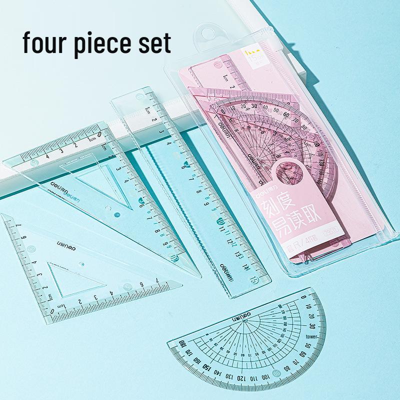 Deli 79511 Transparent Ruler & Protractor Set - 4-Piece Student Drafting Tools