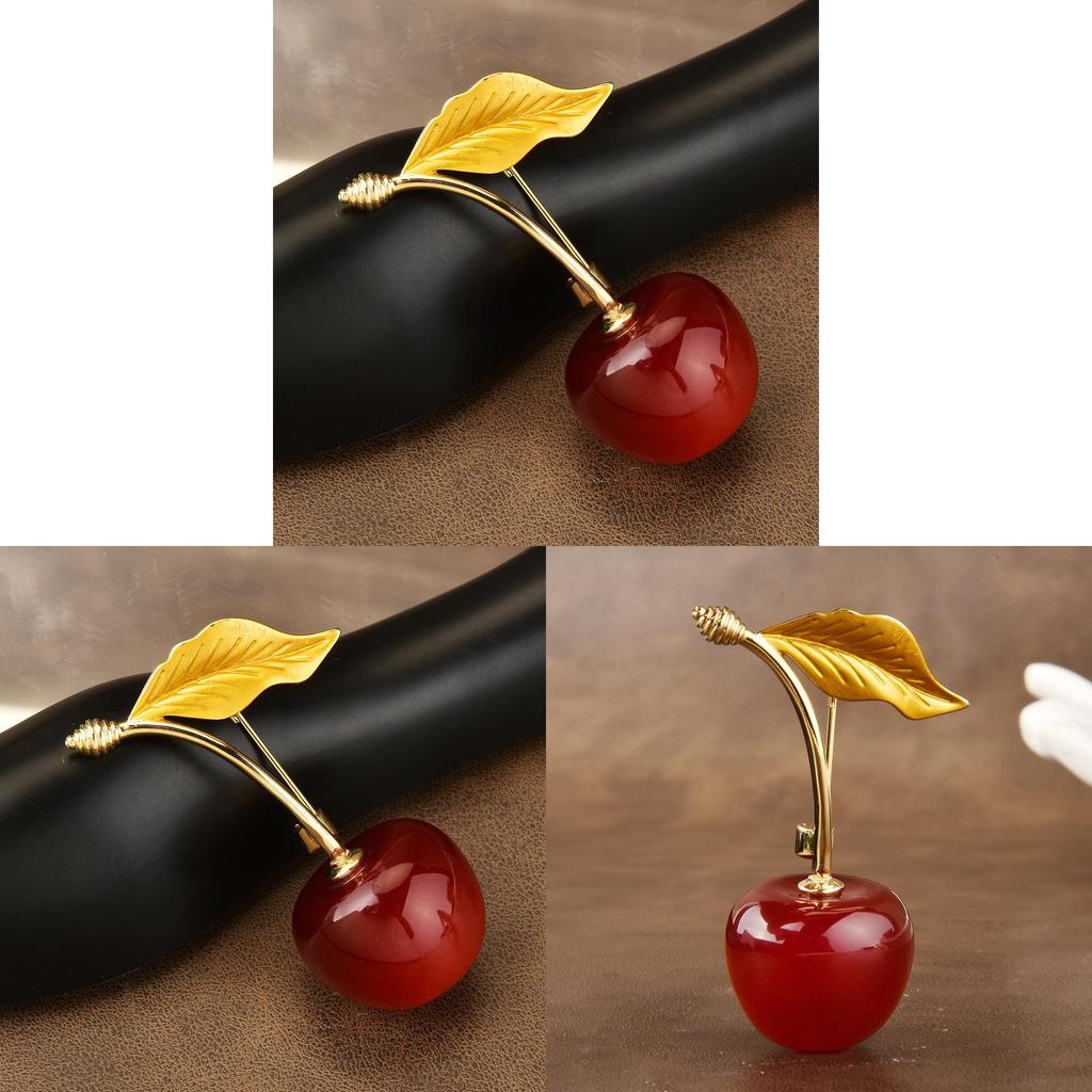 Fruit Cherry Brooch For Women With Artificial Crystal And Goldplated Leaf Design Fashion Accessory