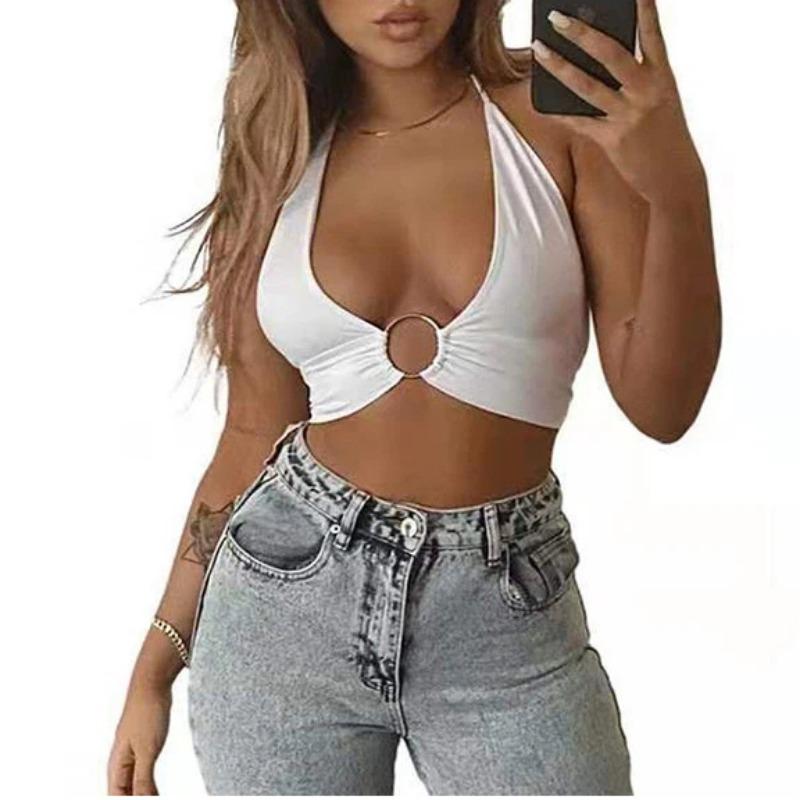 Women Sexy Slim Fit Solid Halter Cropped Cami Top S белый