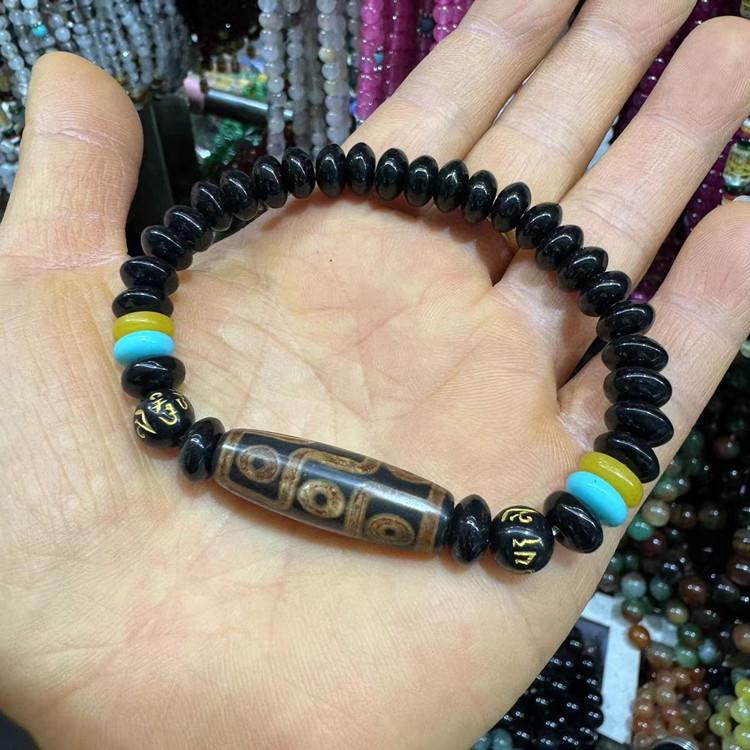 Tibetan Ethnic Style Bracelet: Nine-Eyed  Three-Eyed Dzi with Six-Syllable Mantra Prayer Beads for Women
