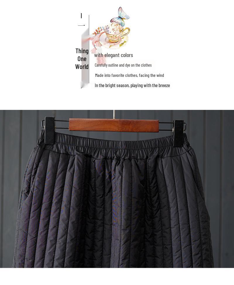 2025 Autumn/Winter Women's Striped Padded Half-Skirt: Elastic Waist, Solid Color A-Line Cotton Design.