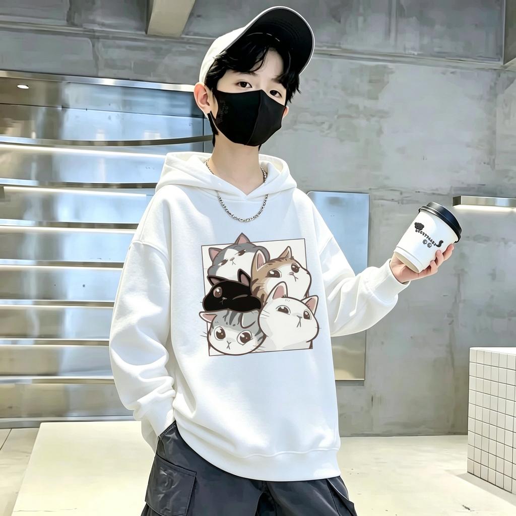 Retro Fashion Children's Casual Long-sleeved Hooded Shirt with Korean-style Trendy Cartoon Cat Print Sports Pullover Hoodie