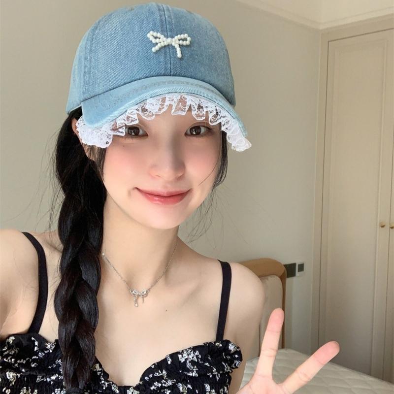 Stylish Women Fabric Baseball Hat with 3D Pearls Bowknot and Lace Trim for Outdoor Sports Activity Breathable Headwear