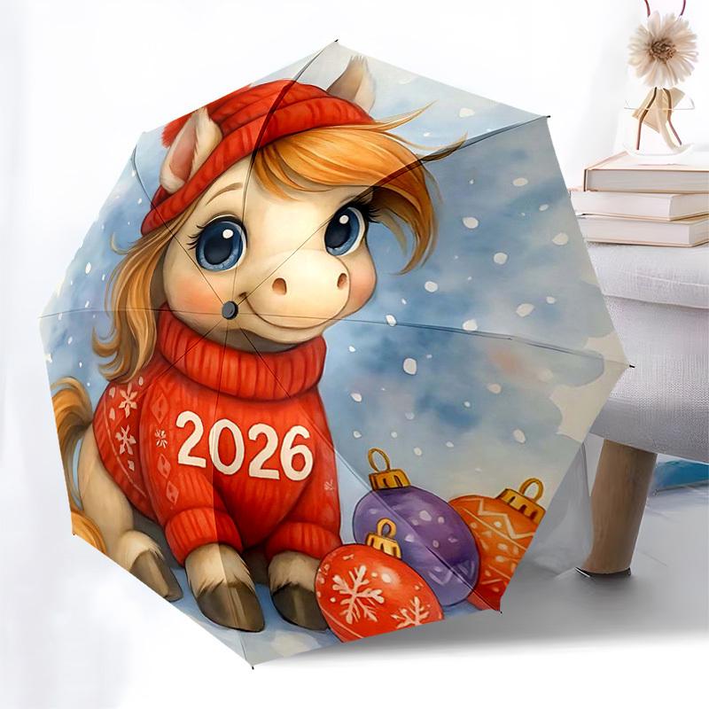 

1pc 2026 Festive Edition Automatic Opening/Closing Umbrella, Portable Tri-Fold Design with 8-Rib Iron Frame, Perfect for Fans, Travelers, Daily Use, a