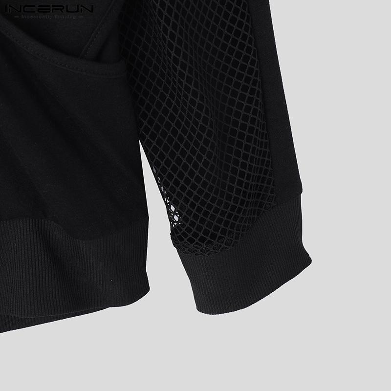 INCERUN Pánské topy a trička s dlouhým rukávem, výstřihem, kříženým patchworkem a netylovou vsadkou