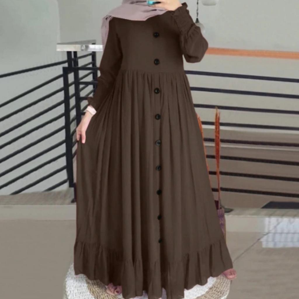 Women's Crew Neck Long Sleeve Maxi Dress Loose Waist Ruffle Hem Modest Abaya Dress